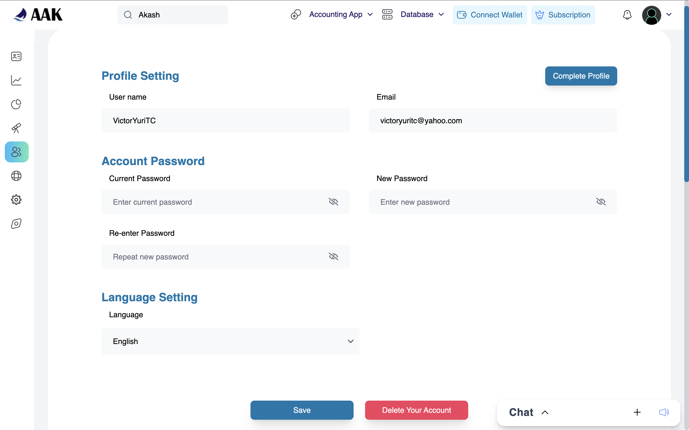 AAK Tele-Science - Profile settings screen