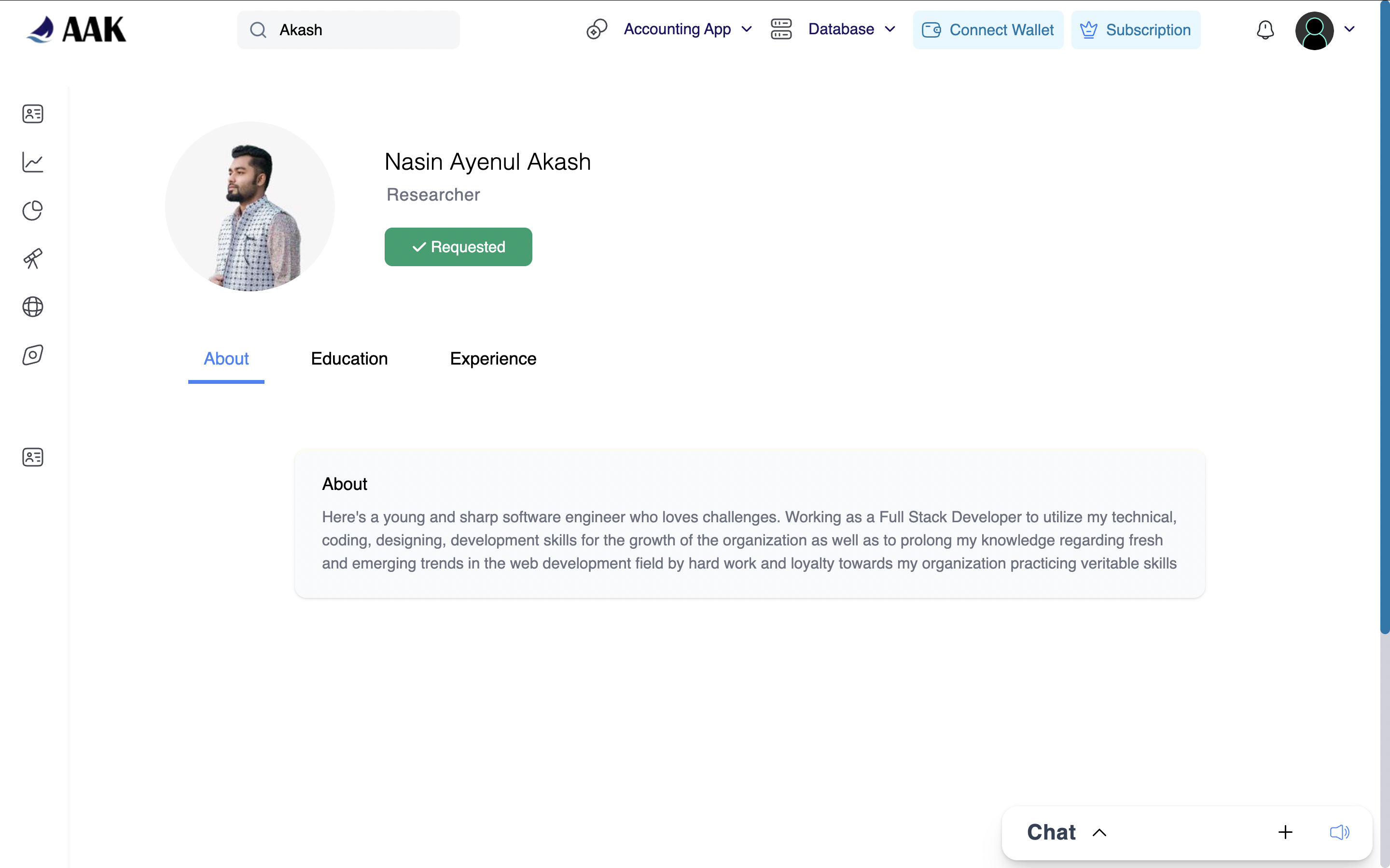 AAK Tele-Science - Researcher profile screen