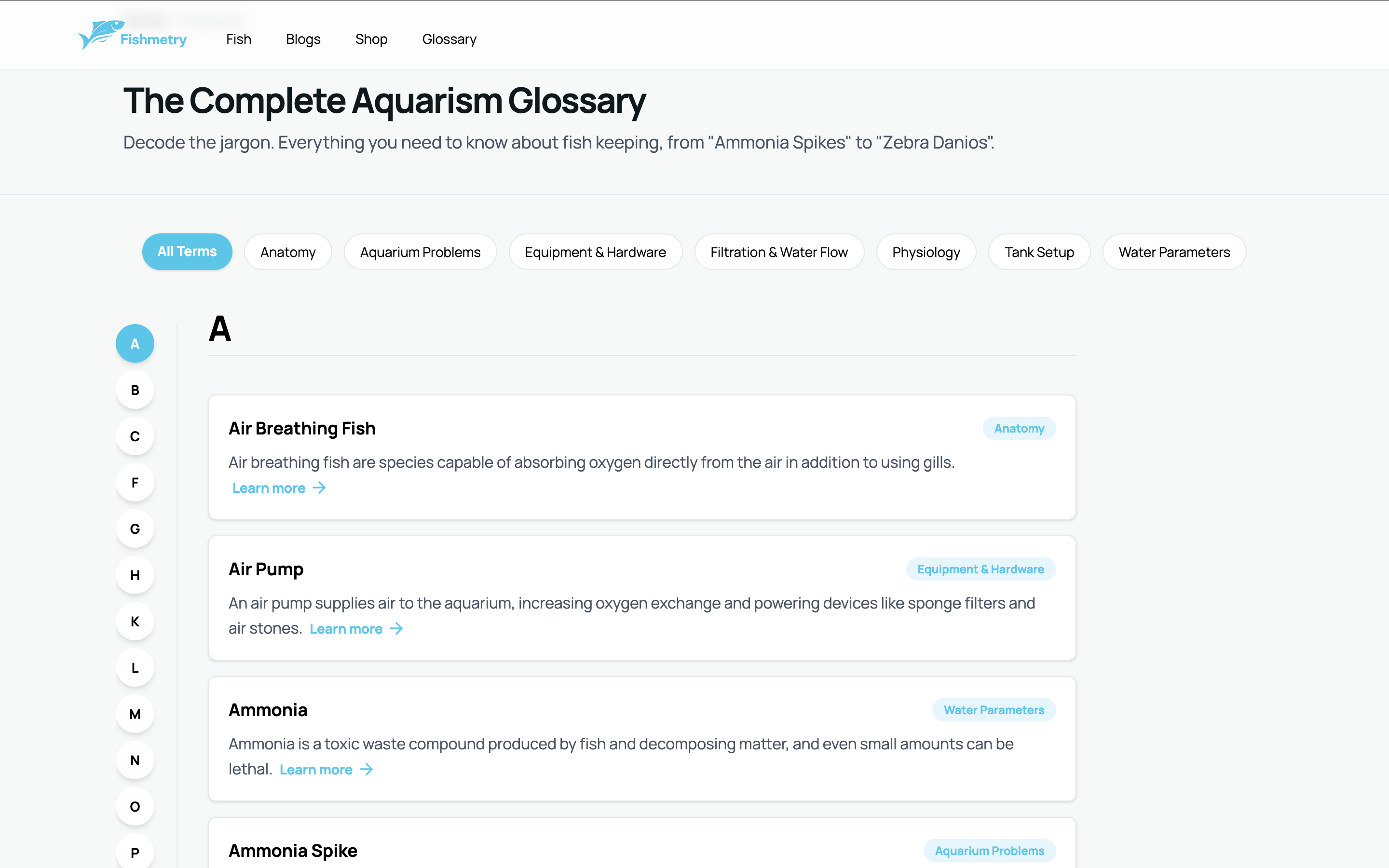 Fishmetry - Glossary Screen