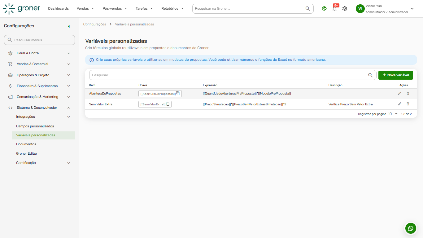 Groner - Custom Variables Screen