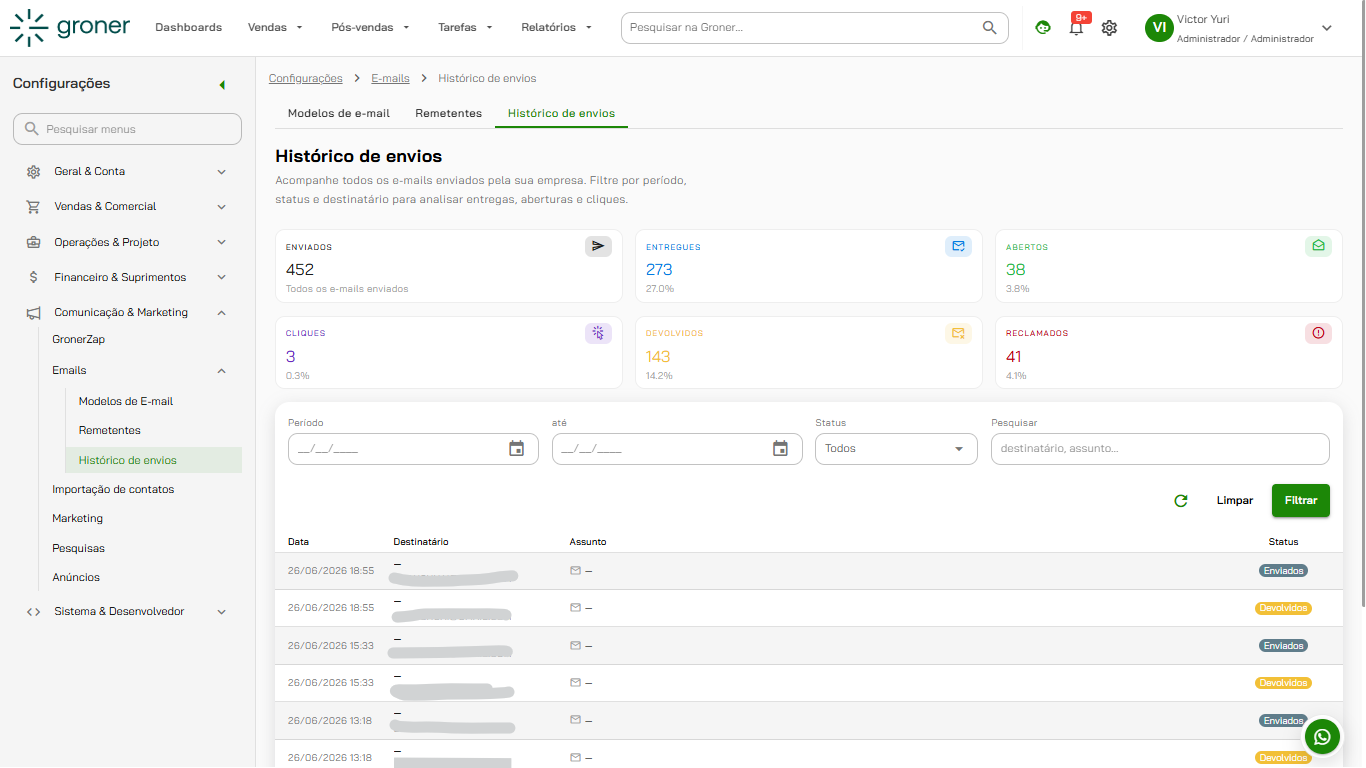 Groner - Sent Emails Screen