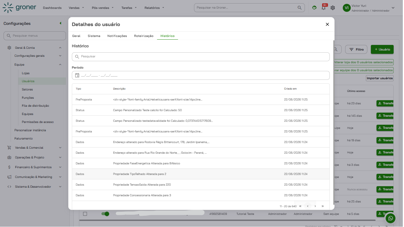 Groner - User Details History Tab