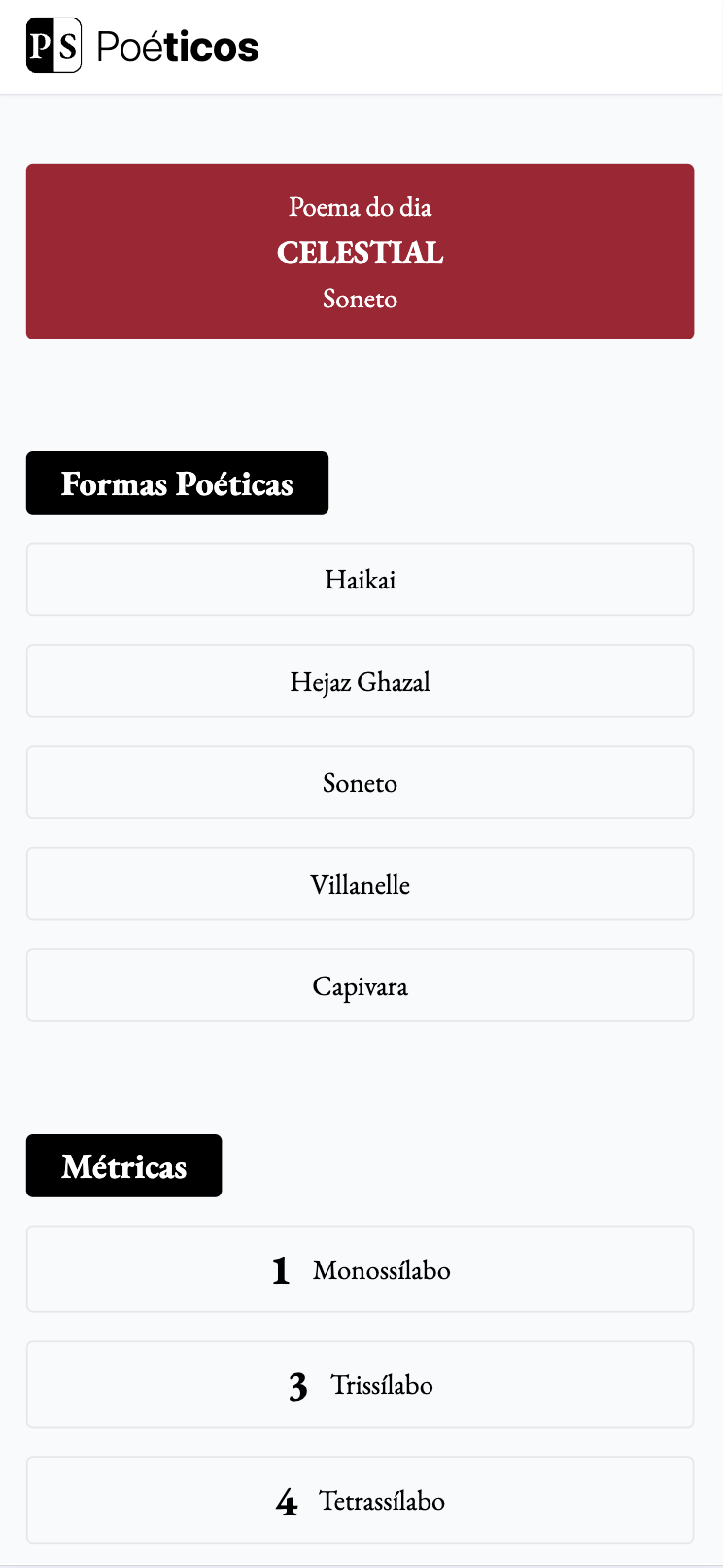 Poéticos - Home page preview in dark mode and mobile version