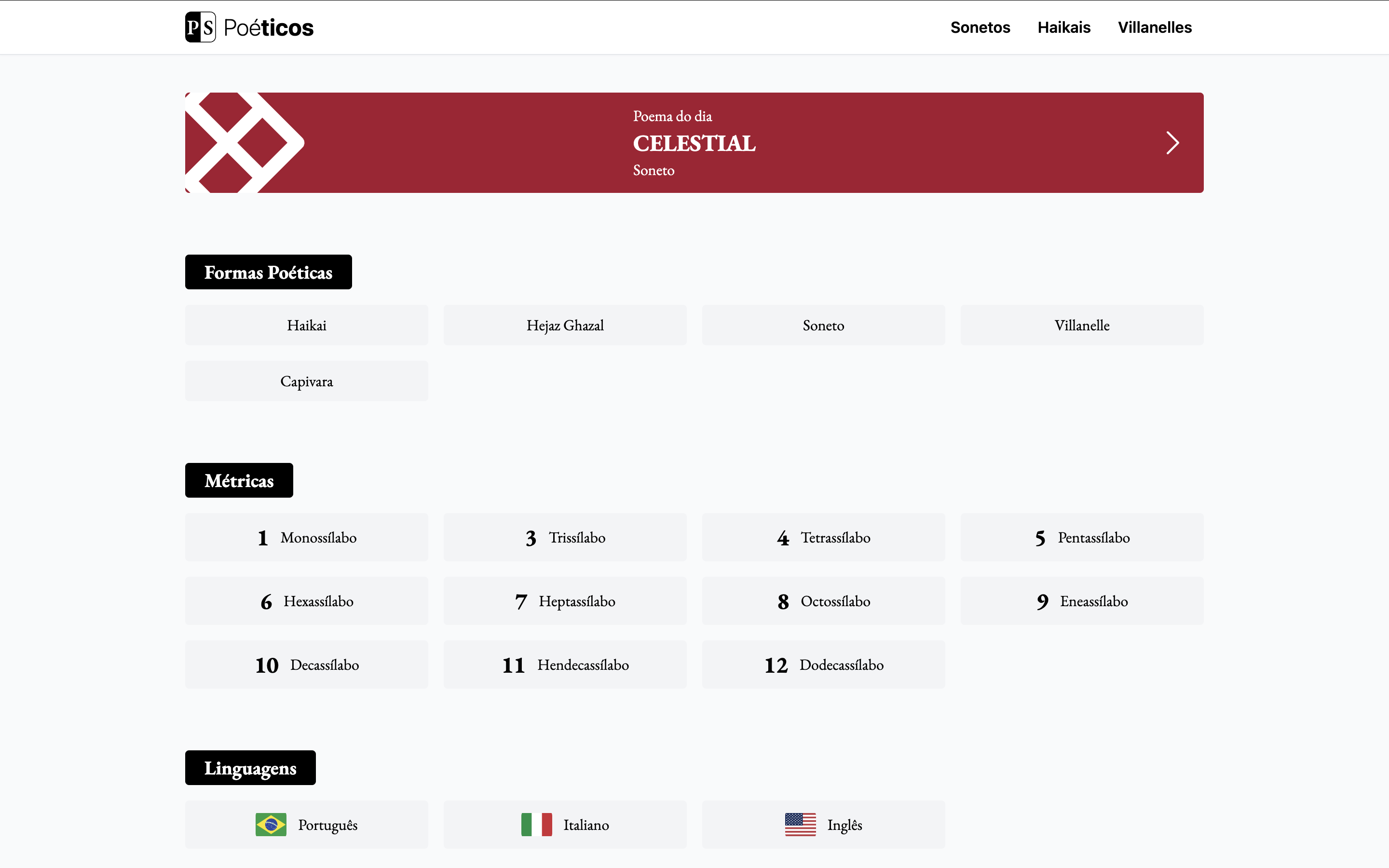 Poéticos - Home page preview in light mode