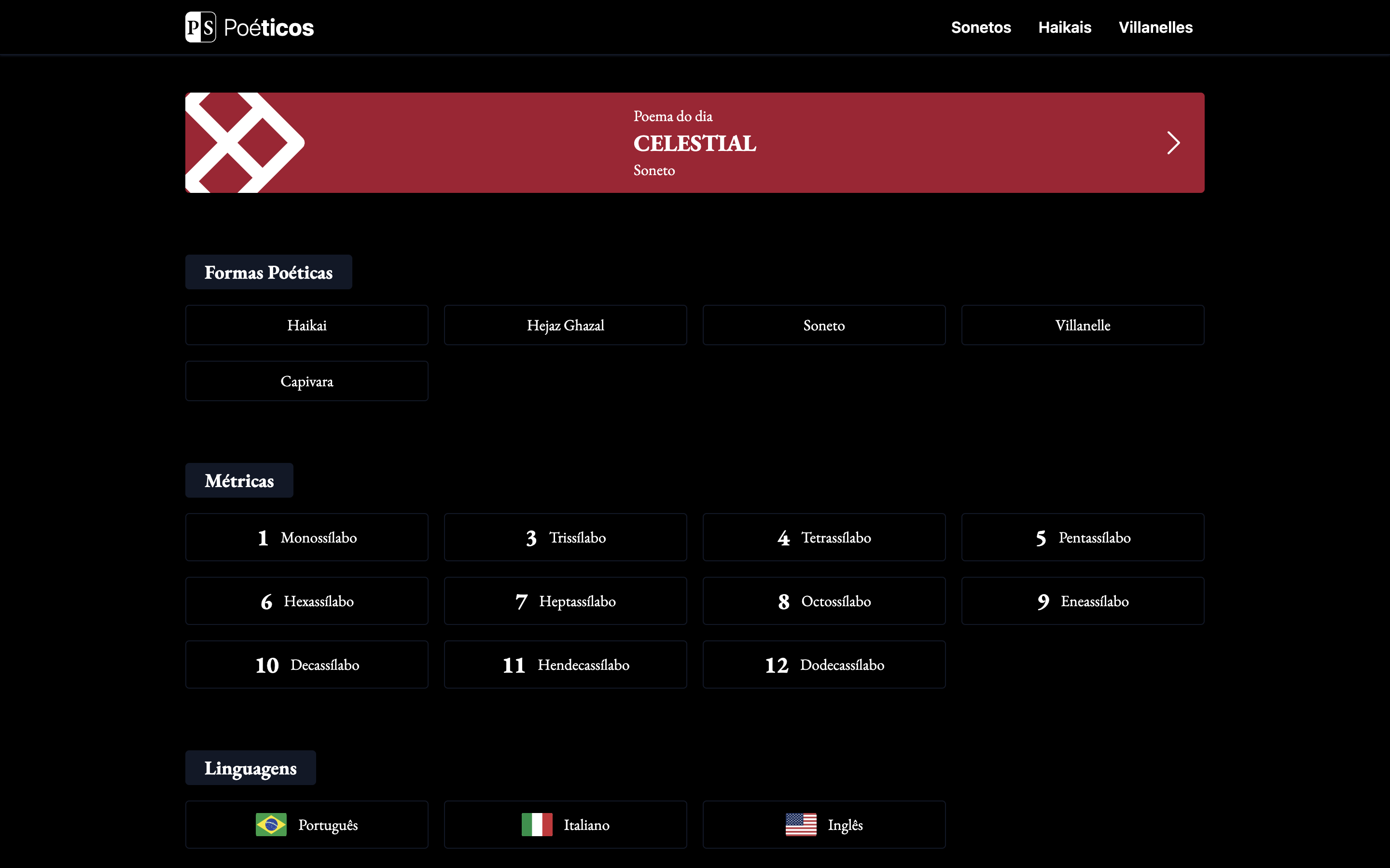 Poéticos - Home page preview in dark mode