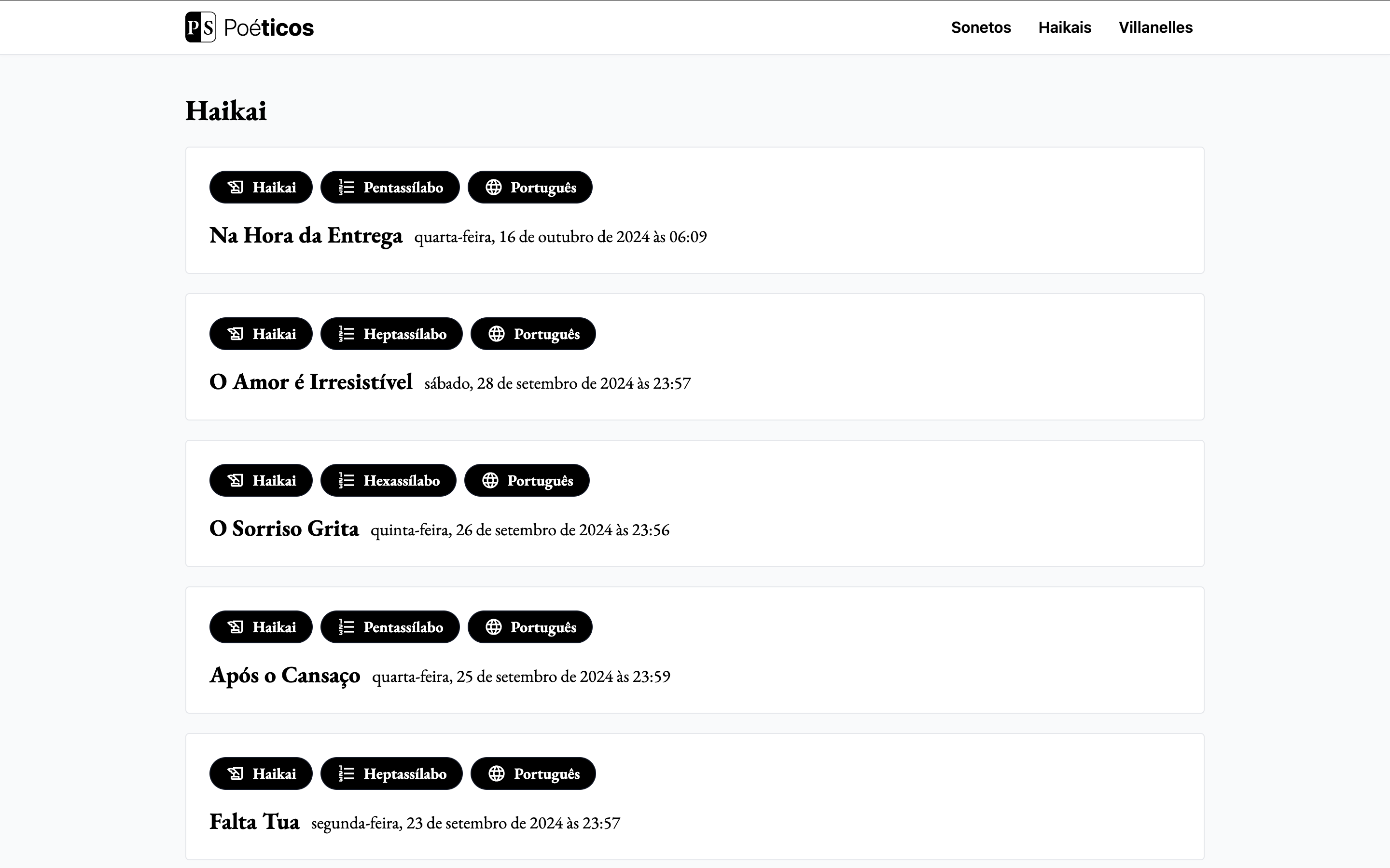 Poéticos - Poems list page preview in light mode