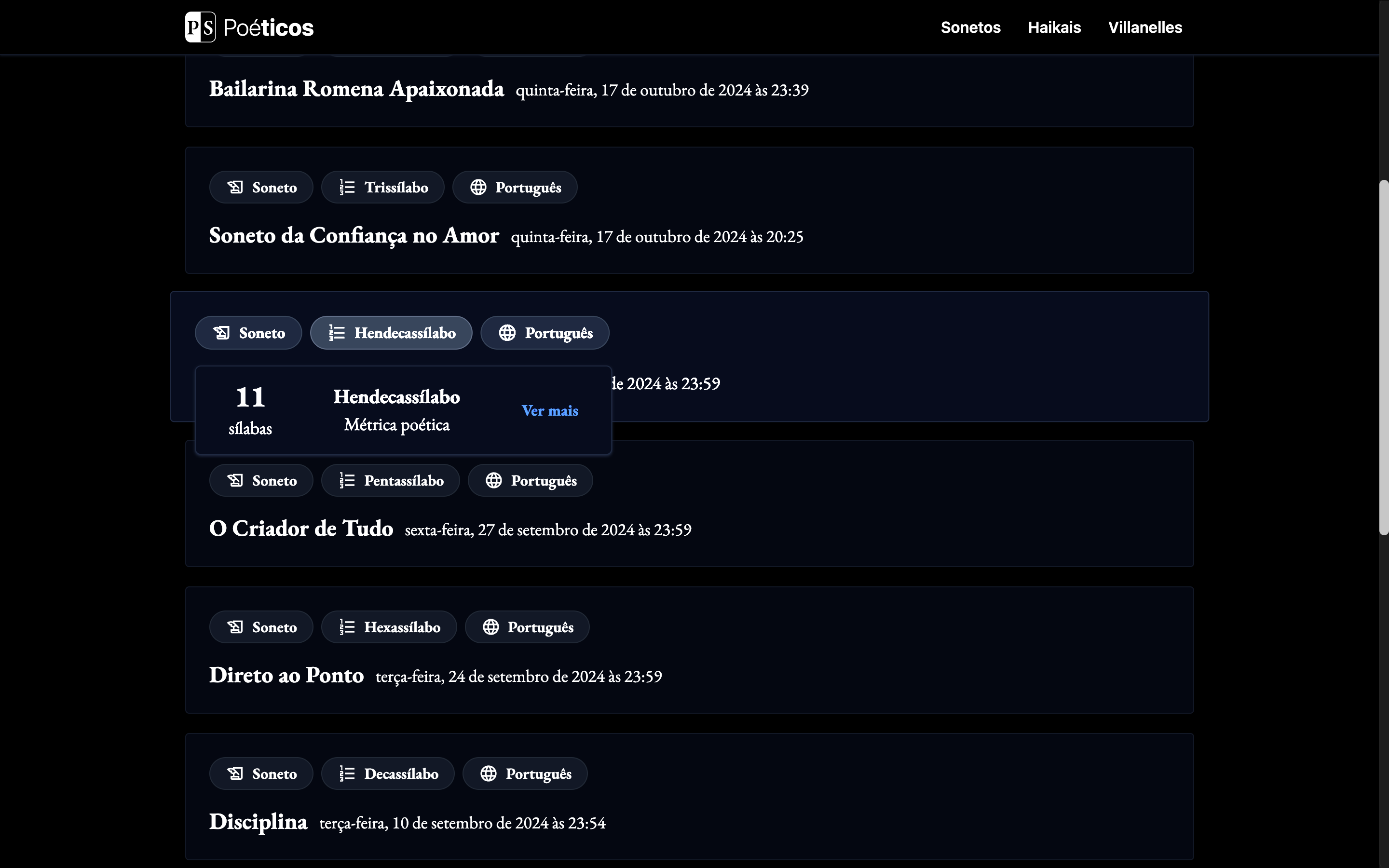 Poéticos - Poems list page preview in dark mode