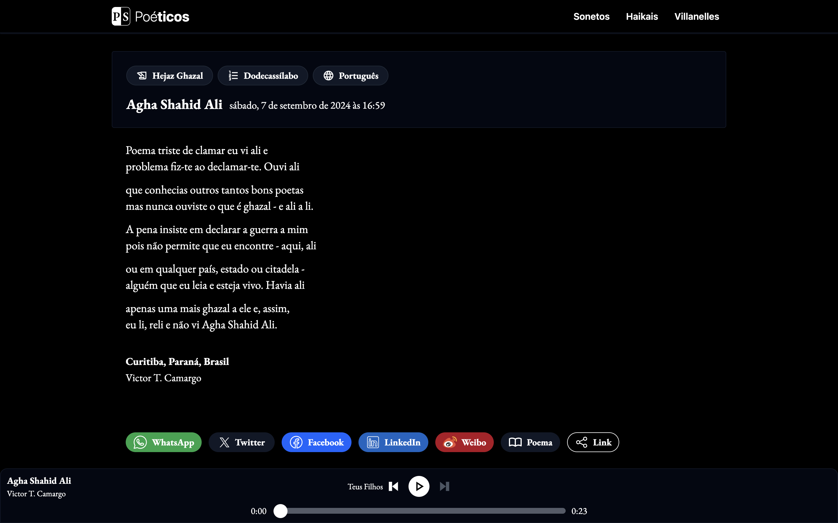 Poéticos - Hejaz Ghazal poem content, details, and audio player in dark mode
