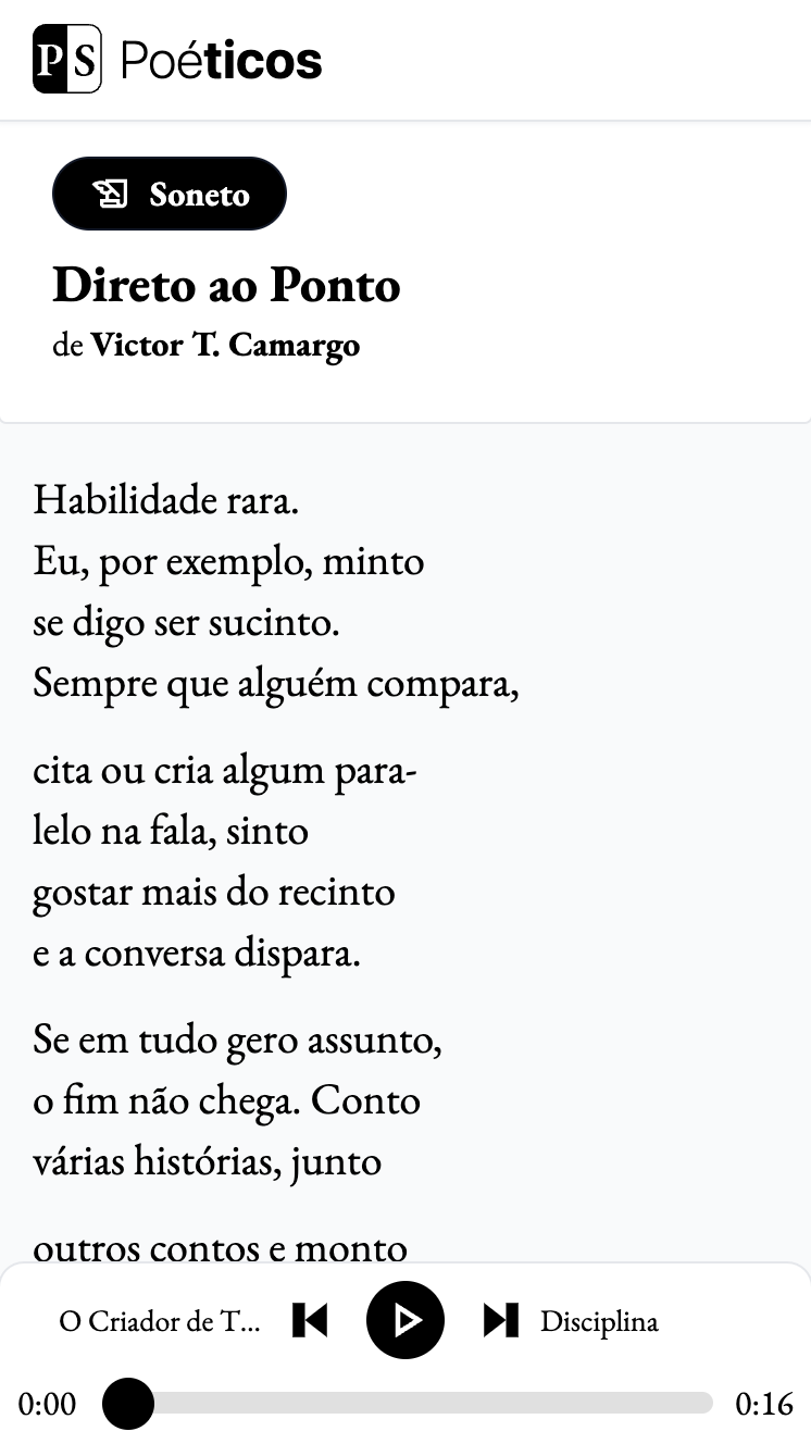 Poéticos - Sonnet poem content, details, and audio player in light mode and mobile version