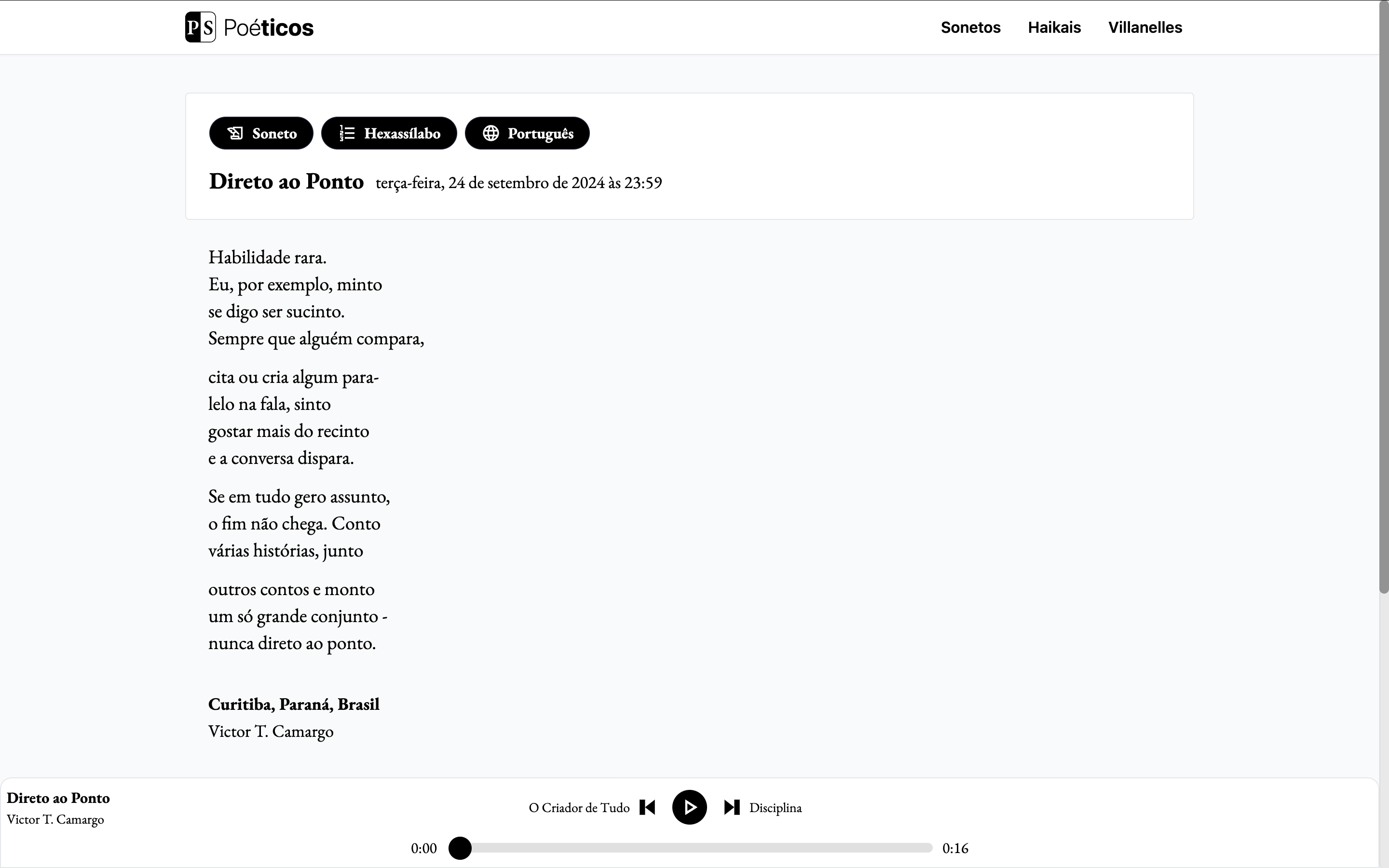 Poéticos - Sonnet poem content, details, and audio player in light mode