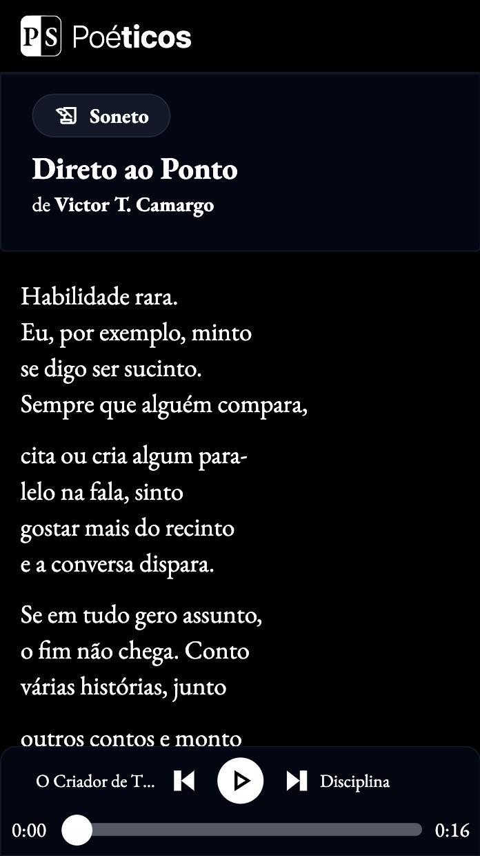 Poéticos - Sonnet poem content, details, and audio player in dark mode and mobile version